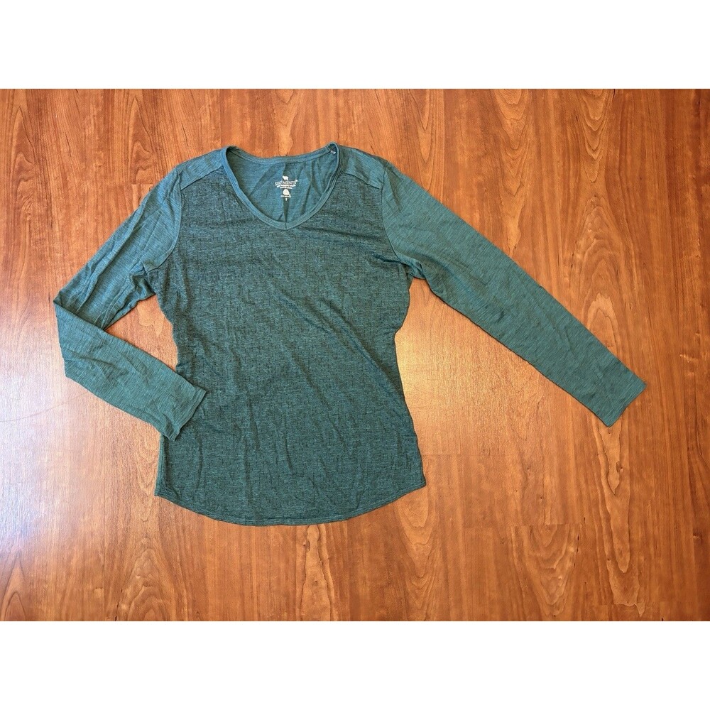 Segments Womens Green 100% Merino Wool V-Neck Long Sleeve Base Layer Top Chevron